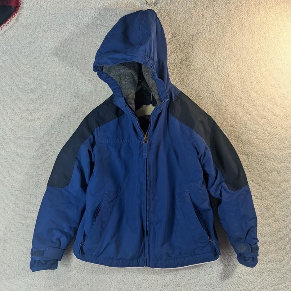 Boy's 5-6 Land's End Winter Coat with Zipper Pockets & Velcro Sleeves Blue Black